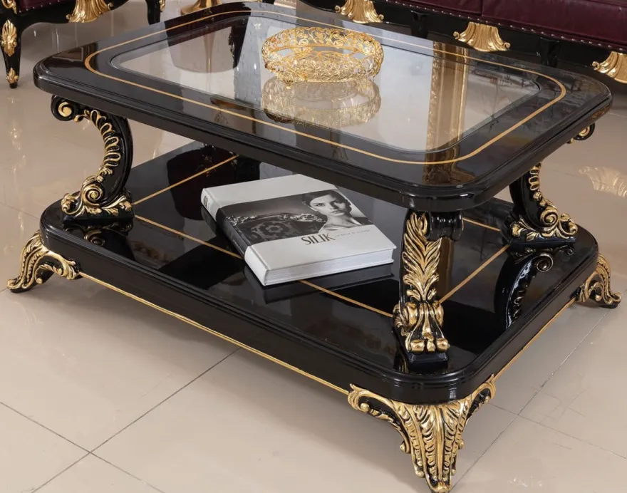 Casa Padrino Luxus Barock Couchtisch mit Glasplatte Schwarz / Gold - Prunkvoller Massivholz Wohnzimmertisch im Barockstil - Barock Wohnzimmer Möbel - Edel & Prunkvoll