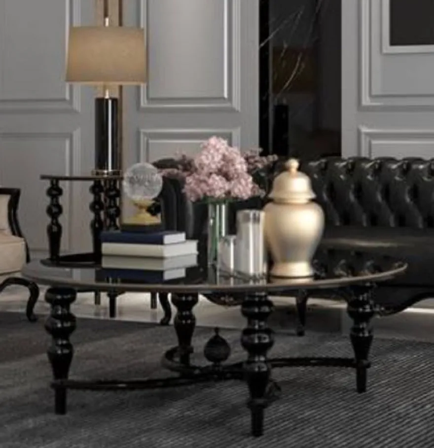 Casa Padrino Luxus Barock Couchtisch Schwarz Ø 114 x H. 47 cm - Runder Massivholz Wohnzimmertisch - Edle Barock Wohnzimmer Möbel