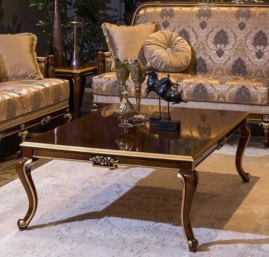 Casa Padrino Luxus Barock Couchtisch Braun / Gold 129 x 94 x H. 46 cm - Eleganter Massivholz Wohnzimmertisch - Barock Wohnzimmer Möbel