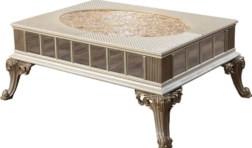 Casa Padrino Luxus Barock Couchtisch Creme / Weiß / Grau / Gold - Verspiegelter Barockstil Wohnzimmertisch - Luxus Möbel im Barockstil - Barockstil Wohnzimmer Möbel - Barock Möbel