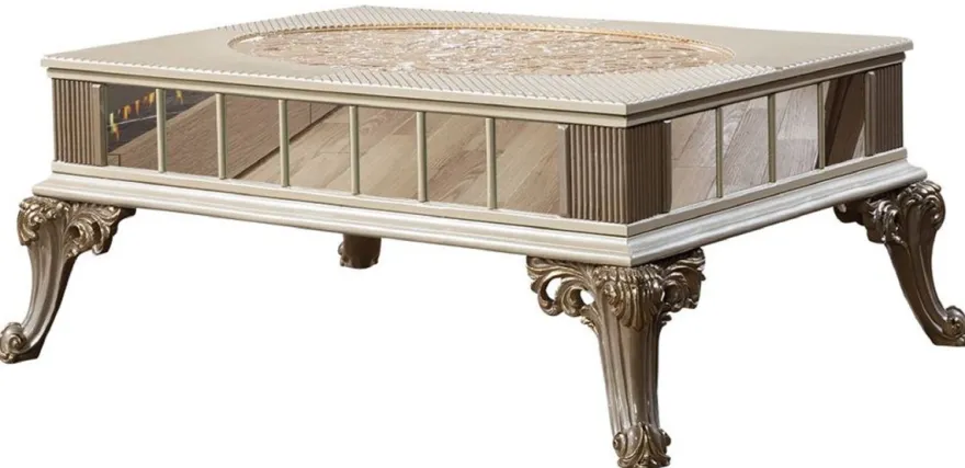 Casa Padrino Luxus Barock Couchtisch Creme / Weiß / Grau / Gold - Verspiegelter Barockstil Wohnzimmertisch - Luxus Möbel im Barockstil - Barockstil Wohnzimmer Möbel - Barock Möbel
