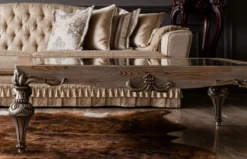 Casa Padrino Luxus Barock Couchtisch Naturfarben / Silber - Handgefertigter Massivholz Wohnzimmertisch mit Glasplatte - Barock Wohnzimmer Möbel