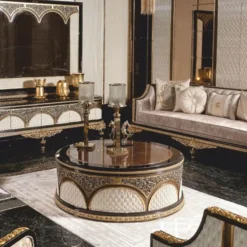 Casa Padrino Luxus Barock Couchtisch Braun / Weiß / Gold Ø 118 cm - Runder Barock Wohnzimmertisch - Barock Wohnzimmer Möbel