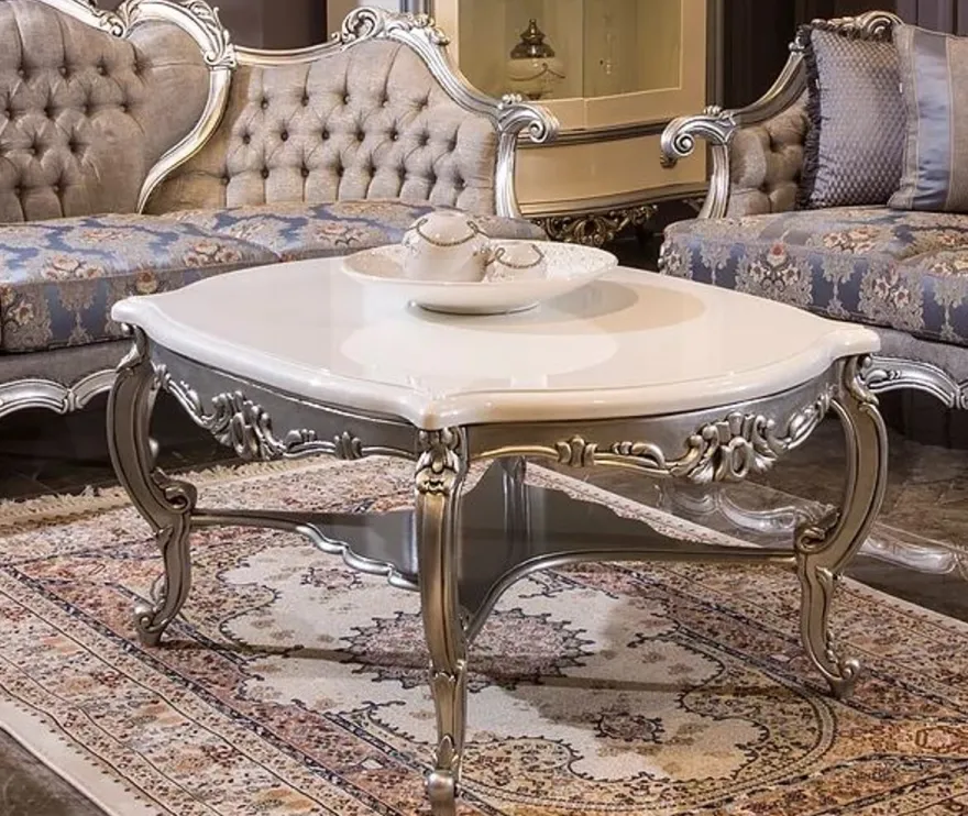 Casa Padrino Luxus Barock Couchtisch Weiß / Silber 118 x 89 x H. 58 cm - Massivholz Wohnzimmertisch - Barockstil Möbel