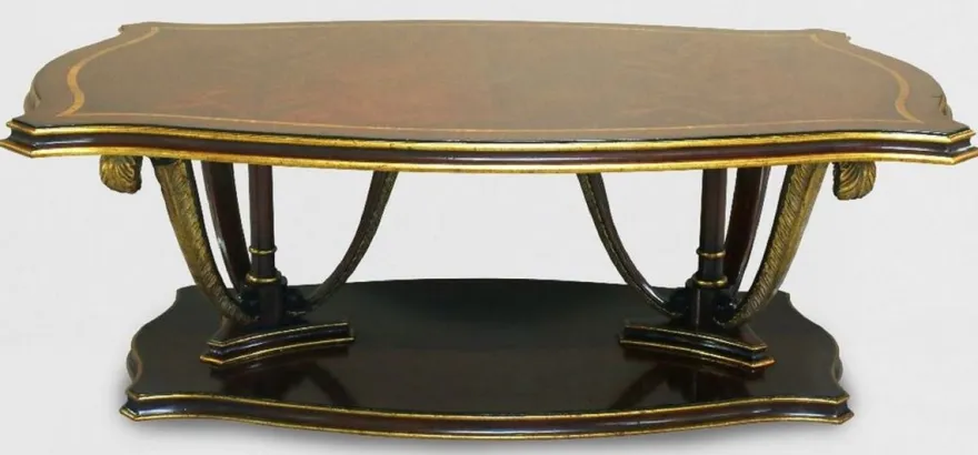 Casa Padrino Luxus Barock Couchtisch Braun / Gold 130 x 90 x H. 44 cm - Mahagoni Wohnzimmertisch mit dekorativen handgeschnitzten Federn - Edle Barockstil Wohnzimmer Möbel