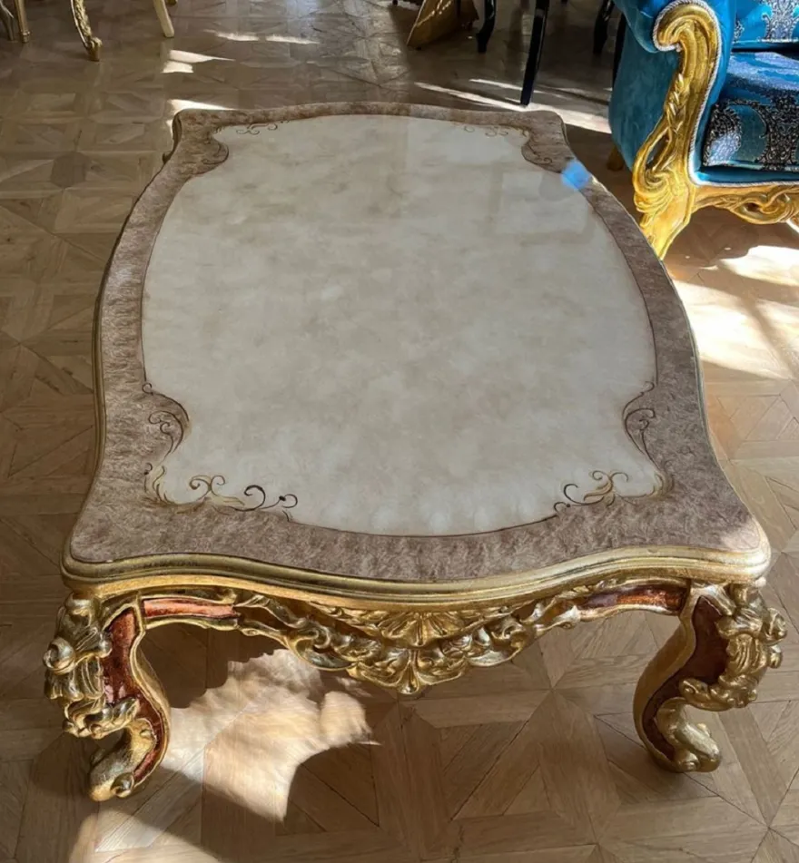 Casa Padrino Luxus Barock Couchtisch Weiß / Grau / Gold / Braun - Prunkvoller Massivholz Wohnzimmertisch im Barockstil - Prunkvolle Barock Möbel