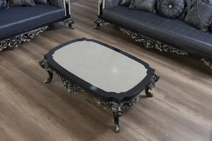 Casa Padrino Luxus Barock Couchtisch Grau / Schwarz / Silber - Handgefertigter Massivholz Wohnzimmertisch - Prunkvolle Massivholz Wohnzimmer Möbel im Barockstil