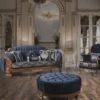 Casa Padrino Luxus Barock Couchtisch Blau / Braun Ø 100 x H. 50 cm - Runder Wohnzimmertisch mit edelem Samtstoff und Glitzersteinen - Barock Möbel