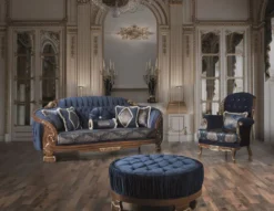 Casa Padrino Luxus Barock Couchtisch Blau / Braun Ø 100 x H. 50 cm - Runder Wohnzimmertisch mit edelem Samtstoff und Glitzersteinen - Barock Möbel