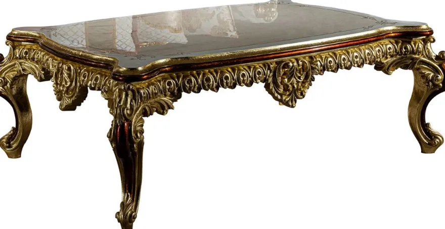 Casa Padrino Luxus Barock Couchtisch Weiß / Creme / Rot / Gold 130 x 85 x H. 50 cm - Edler Massivholz Wohnzimmertisch im Barockstil - Prunkvolle Barock Möbel