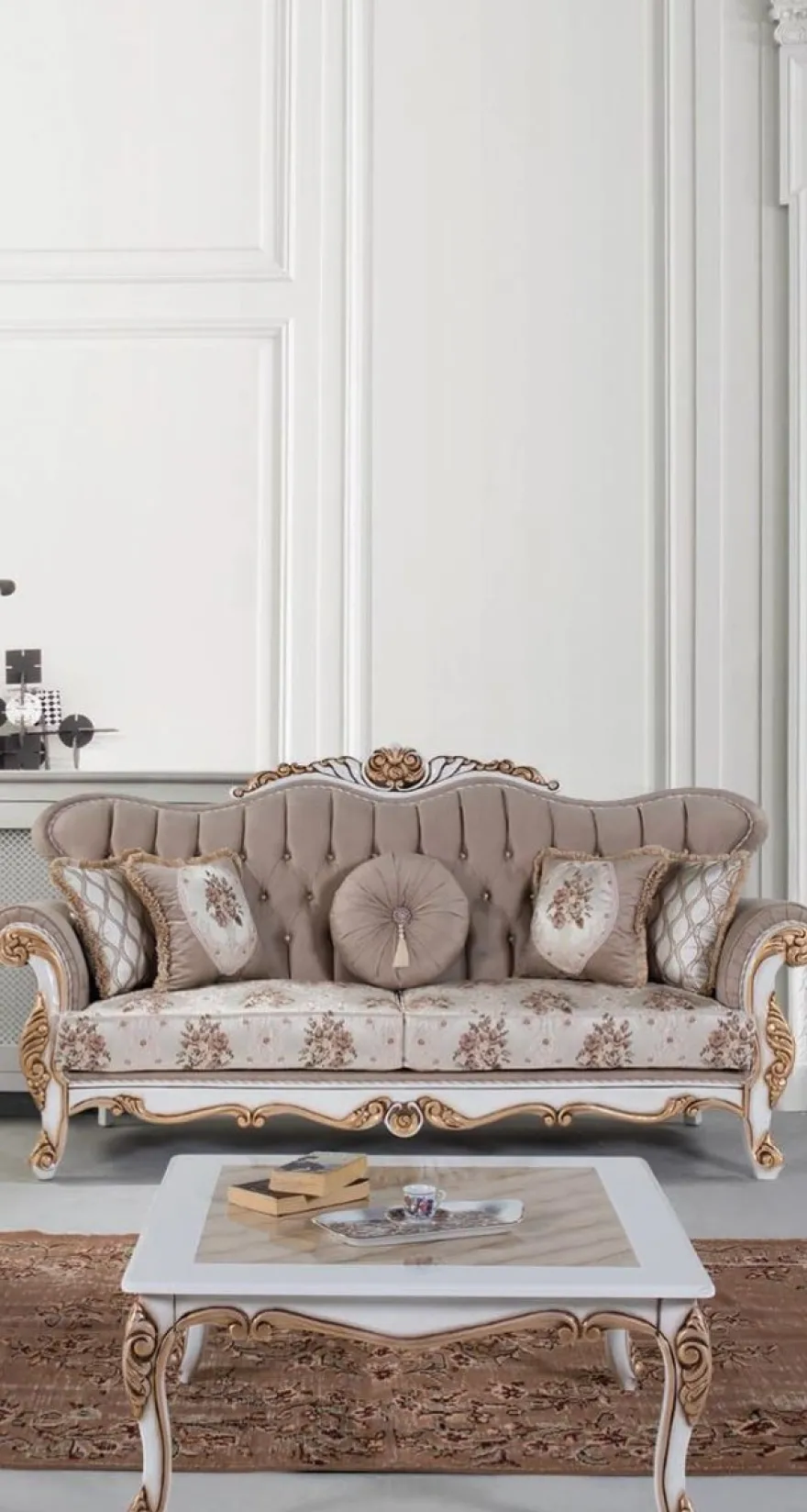 Casa Padrino Luxus Barock Couchtisch Beige / Weiß / Bronze 89 x 65 x H. 45 cm - Massivholz Wohnzimmertisch im Barockstil - Barock Wohnzimmer Möbel