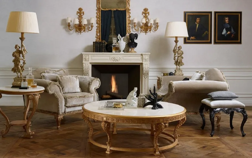 Casa Padrino Luxus Barock Couchtisch mit Marmorplatte Naturfarben / Weiß - Runder Wohnzimmertisch im Barockstil - Barock Möbel - Barock Interior - Edel & Prunkvoll - Luxus Qualität - Made in Italy
