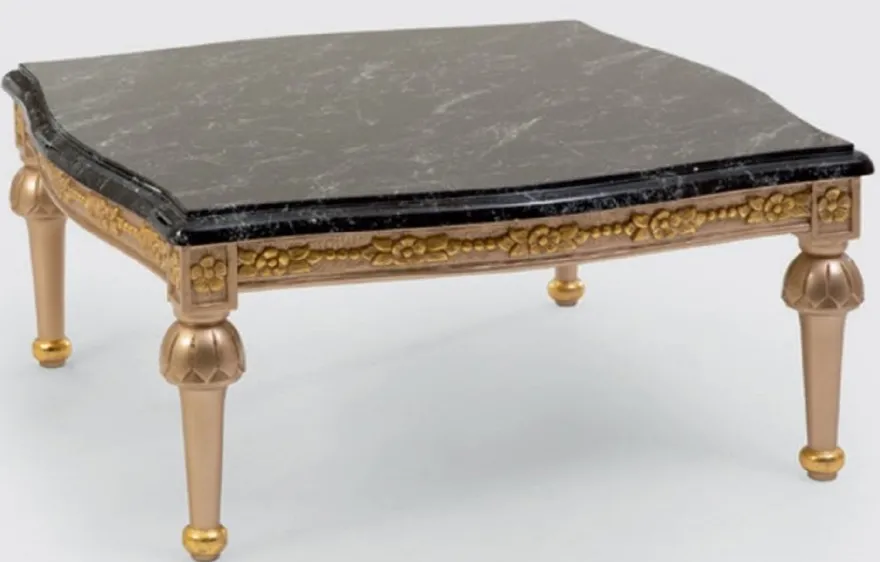 Casa Padrino Luxus Barock Couchtisch Schwarz / Silber / Gold - Prunkvoller Massivholz Wohnzimmertisch mit Tischplatte in Marmoroptik - Barock Möbel