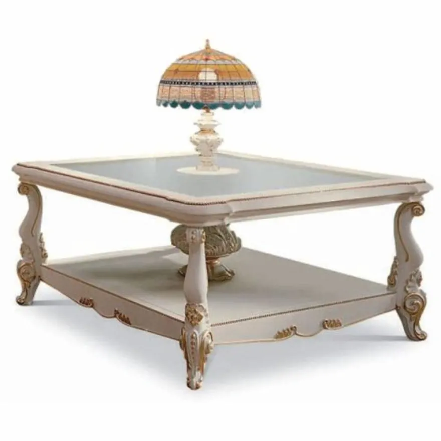Casa Padrino Luxus Barock Couchtisch mit Tiffany Tischleuchte Weiß / Gold 110 cm - Made in Italy