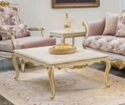 Casa Padrino Luxus Barock Couchtisch Weiß / Gold 121 x 81 x H. 44 cm - Edler Massivholz Wohnzimmertisch im Barockstil - Barock Wohnzimmer Möbel