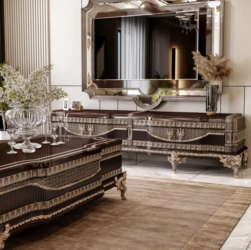 Casa Padrino Luxus Barock Couchtisch Dunkelbraun / Grau / Gold 156 cm