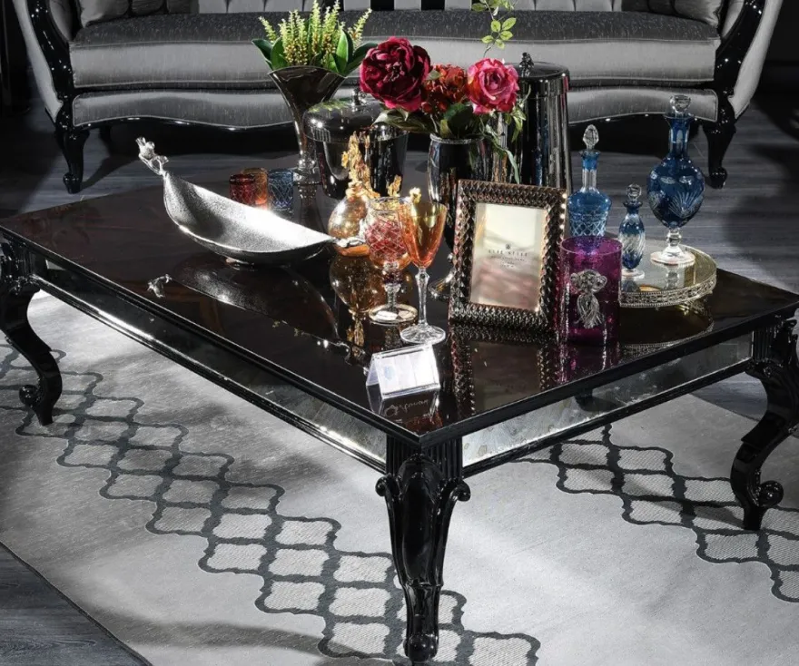 Casa Padrino Luxus Barock Couchtisch Schwarz / Braun 140 x 90 x H. 46 cm - Edler Massivholz Wohnzimmertisch mit Glasplatte und Spiegelglas - Luxus Qualität - Made in Italy