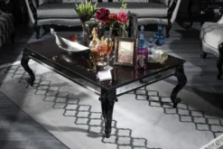 Casa Padrino Luxus Barock Couchtisch Schwarz / Braun 140 x 90 x H. 46 cm - Edler Massivholz Wohnzimmertisch mit Glasplatte und Spiegelglas - Luxus Qualität - Made in Italy