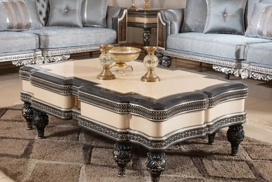 Casa Padrino Luxus Barock Couchtisch Beige / Schwarz / Gold - Prunkvoller Massivholz Wohnzimmertisch im Barockstil - Barock Wohnzimmer Möbel - Edel & Prunkvoll