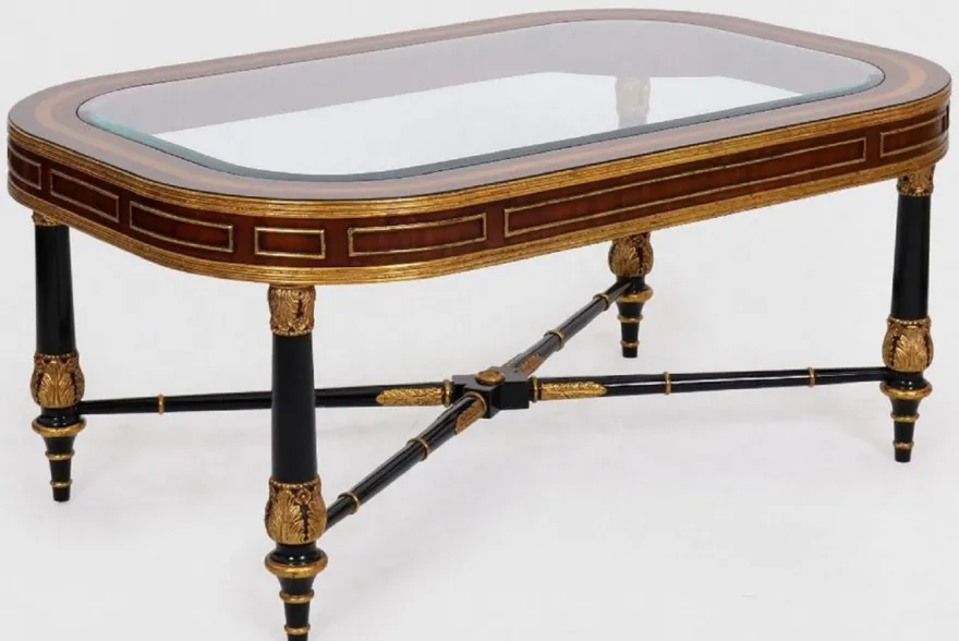 Casa Padrino Luxus Barock Couchtisch Braun / Schwarz / Gold 122 x 81 x H. 56 cm - Edler Massivholz Wohnzimmertisch mit Glasplatte - Barock Möbel