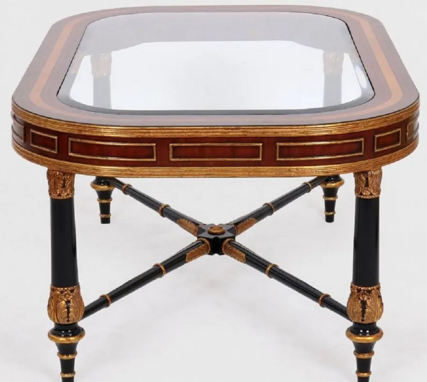 Casa Padrino Luxus Barock Couchtisch Braun / Schwarz / Gold 122 x 81 x H. 56 cm - Edler Massivholz Wohnzimmertisch mit Glasplatte - Barock Möbel
