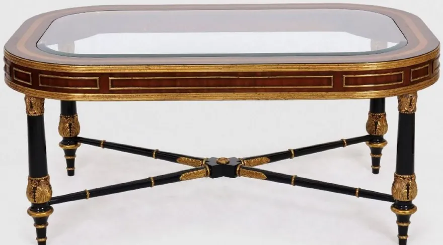 Casa Padrino Luxus Barock Couchtisch Braun / Schwarz / Gold 122 x 81 x H. 56 cm - Edler Massivholz Wohnzimmertisch mit Glasplatte - Barock Möbel