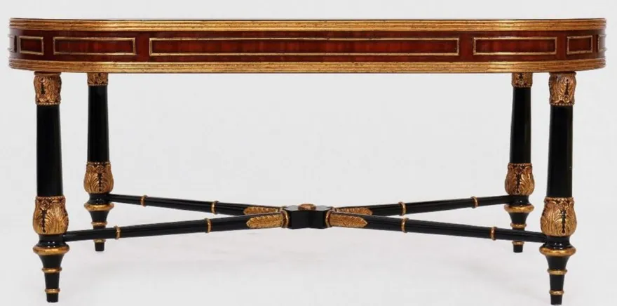 Casa Padrino Luxus Barock Couchtisch Braun / Schwarz / Gold 122 x 81 x H. 56 cm - Edler Massivholz Wohnzimmertisch mit Glasplatte - Barock Möbel