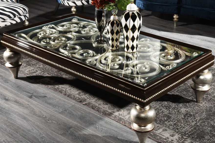 Casa Padrino Luxus Barock Couchtisch Dunkelbraun / Antik Silber 167 x 92 x H. 48 cm - Prunkvoller Massivholz Wohnzimmertisch mit Glasplatte - Luxus Qualität