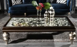 Casa Padrino Luxus Barock Couchtisch Dunkelbraun / Antik Silber 167 x 92 x H. 48 cm - Prunkvoller Massivholz Wohnzimmertisch mit Glasplatte - Luxus Qualität