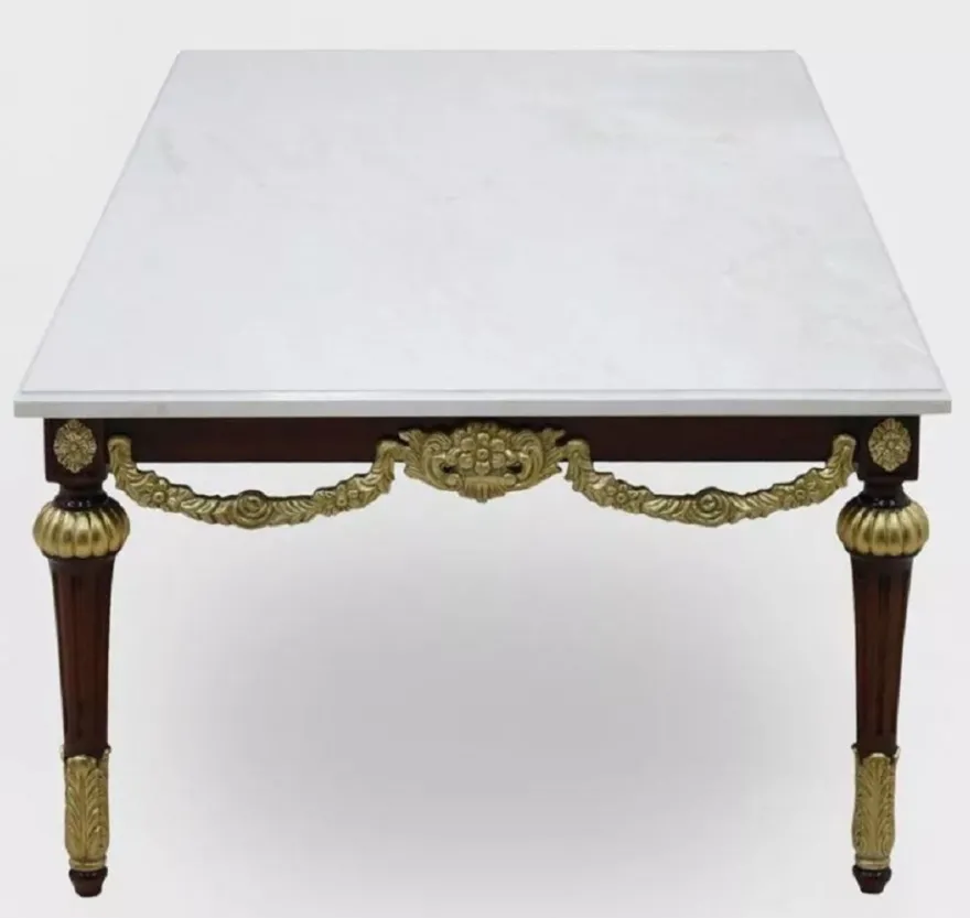 Casa Padrino Luxus Barock Couchtisch mit Marmorplatte Weiß / Dunkelbraun / Gold - Rechteckger Wohnzimmertisch im Barockstil - Barock Möbel - Edel & Prunkvoll
