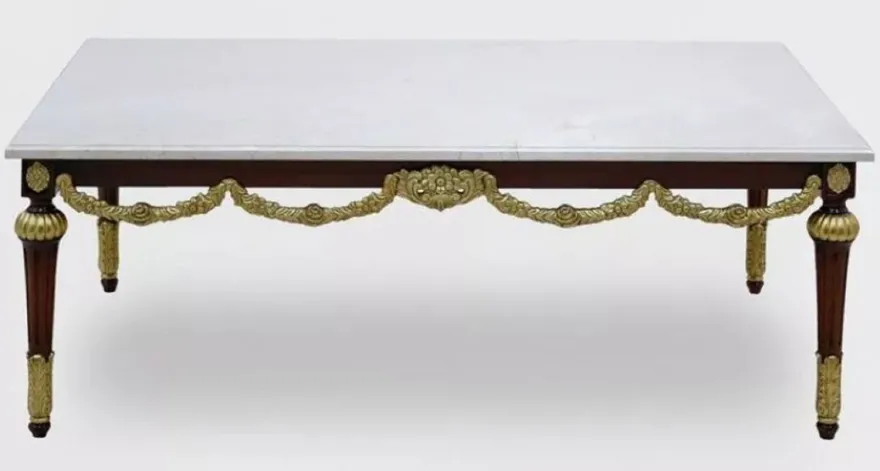 Casa Padrino Luxus Barock Couchtisch mit Marmorplatte Weiß / Dunkelbraun / Gold - Rechteckger Wohnzimmertisch im Barockstil - Barock Möbel - Edel & Prunkvoll