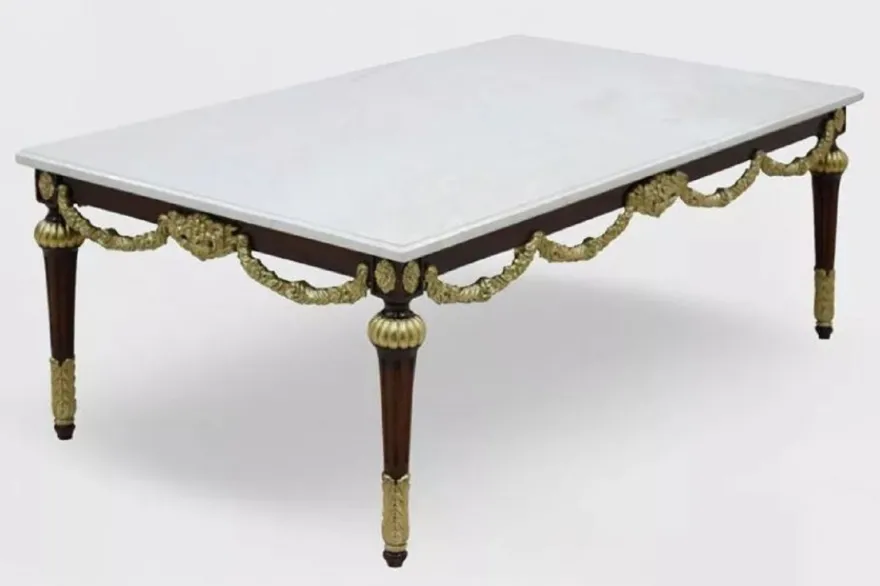 Casa Padrino Luxus Barock Couchtisch mit Marmorplatte Weiß / Dunkelbraun / Gold - Rechteckger Wohnzimmertisch im Barockstil - Barock Möbel - Edel & Prunkvoll