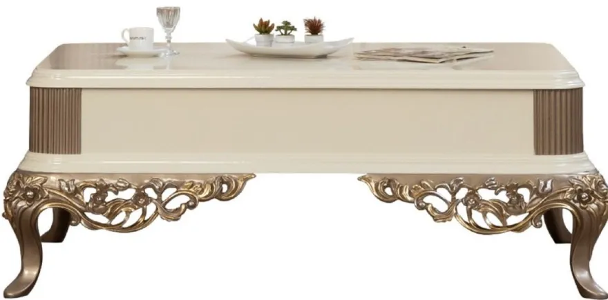 Casa Padrino Luxus Barock Couchtisch Weiß / Braun / Gold 130 x 92 x H. 50 cm - Prunkvoller handgefertigter Wohnzimmertisch im Barockstil - Barock Möbel