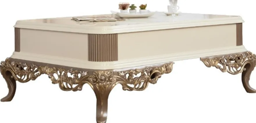 Casa Padrino Luxus Barock Couchtisch Weiß / Braun / Gold 130 x 92 x H. 50 cm - Prunkvoller handgefertigter Wohnzimmertisch im Barockstil - Barock Möbel