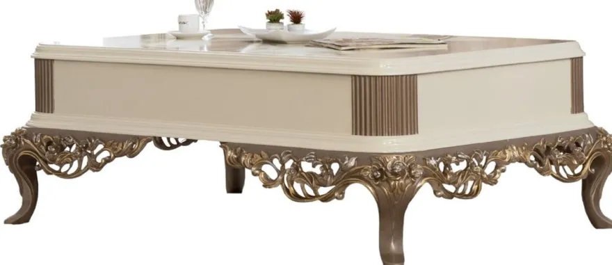 Casa Padrino Luxus Barock Couchtisch Weiß / Braun / Gold 130 x 92 x H. 50 cm - Prunkvoller handgefertigter Wohnzimmertisch im Barockstil - Barock Möbel