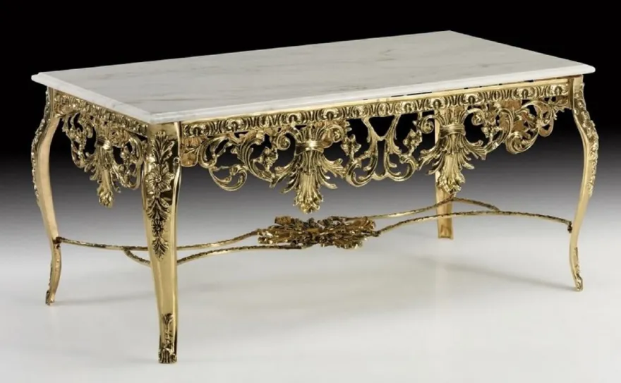Casa Padrino Luxus Barock Couchtisch mit Marmorplatte Gold / Weiß 118 cm - Barock Wohnzimmer Möbel