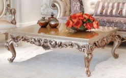 Casa Padrino Luxus Barock Couchtisch Beige / Kupferfarben 133 x 92 x H. 45 cm - Prunkvoller Massivholz Wohnzimmertisch mit edlen Verzierungen - Barock Wohnzimmer Möbel