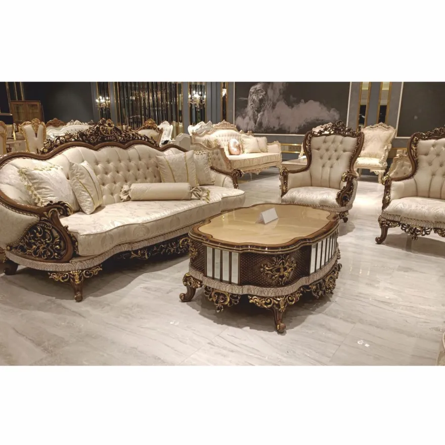 Casa Padrino Luxus Barock Couchtisch Beige / Braun / Gold 125 cm - Barockstil Wohnzimmer Möbel