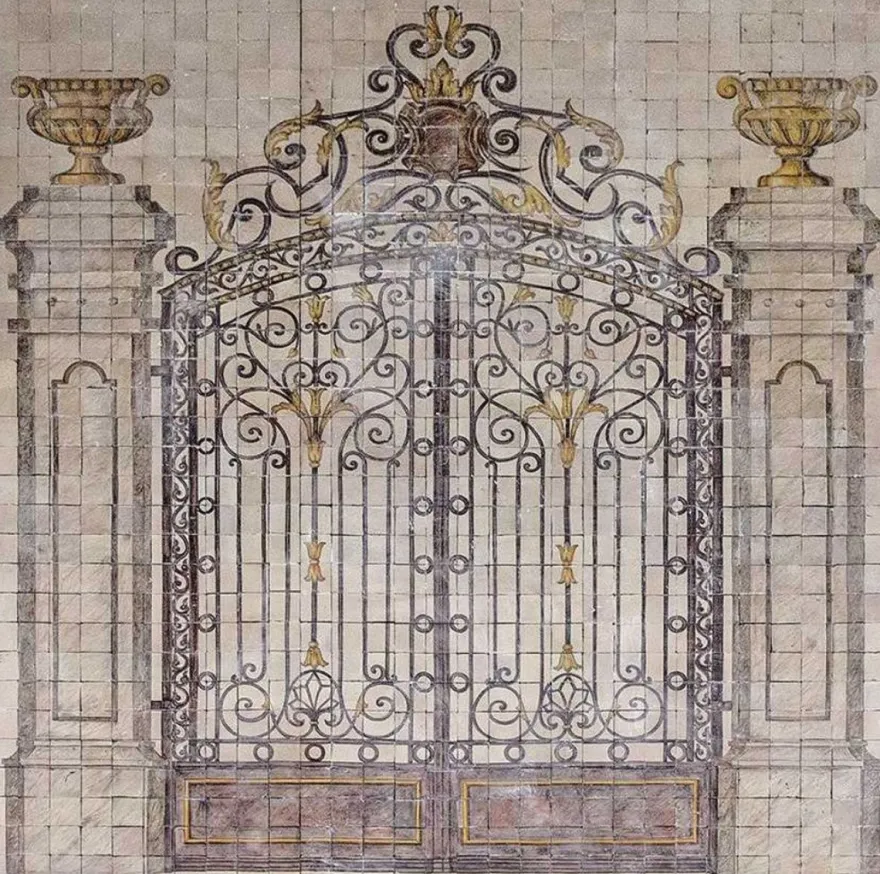 Casa Padrino Luxus Barock Deko Wandgemälde Das Prunkvolle Tor Beige / Mehrfarbig 290 x H. 310 cm - Handgefertigte & Handbemalte Naturstein Mosaik Fliesen - Barock Wanddeko