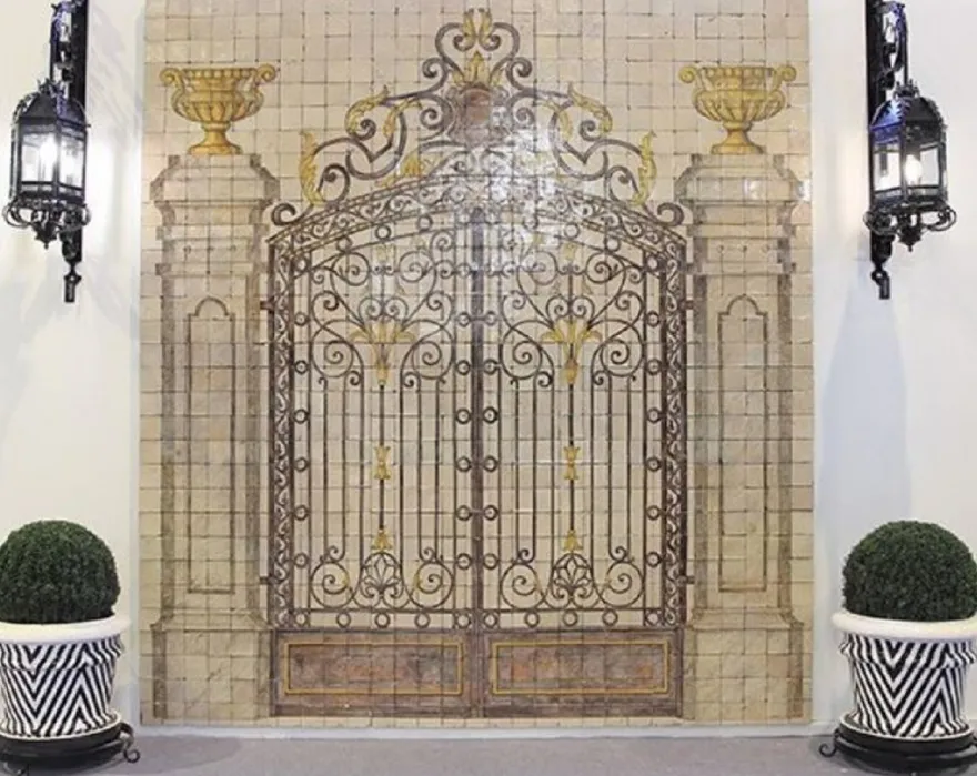 Casa Padrino Luxus Barock Deko Wandgemälde Das Prunkvolle Tor Beige / Mehrfarbig 290 x H. 310 cm - Handgefertigte & Handbemalte Naturstein Mosaik Fliesen - Barock Wanddeko