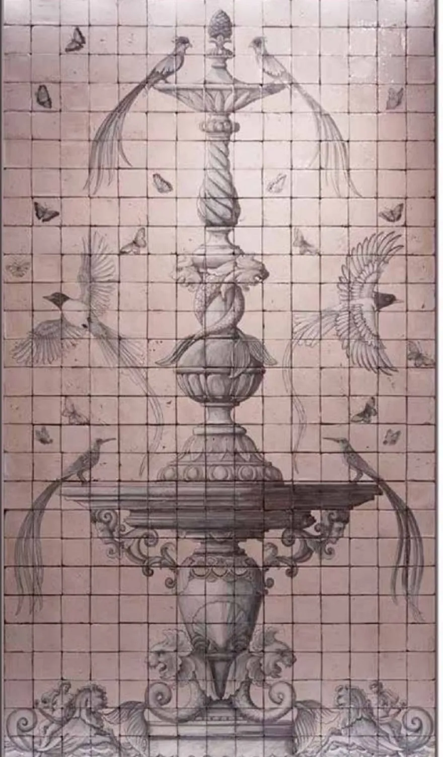 Casa Padrino Luxus Barock Deko Wandgemälde Brunnen & Vögel Rosa / Grau 155 x H. 280 cm - Handgefertigte & Handbemalte Naturstein Mosaik Fliesen - Barock Wanddeko - Edel & Prunkvoll