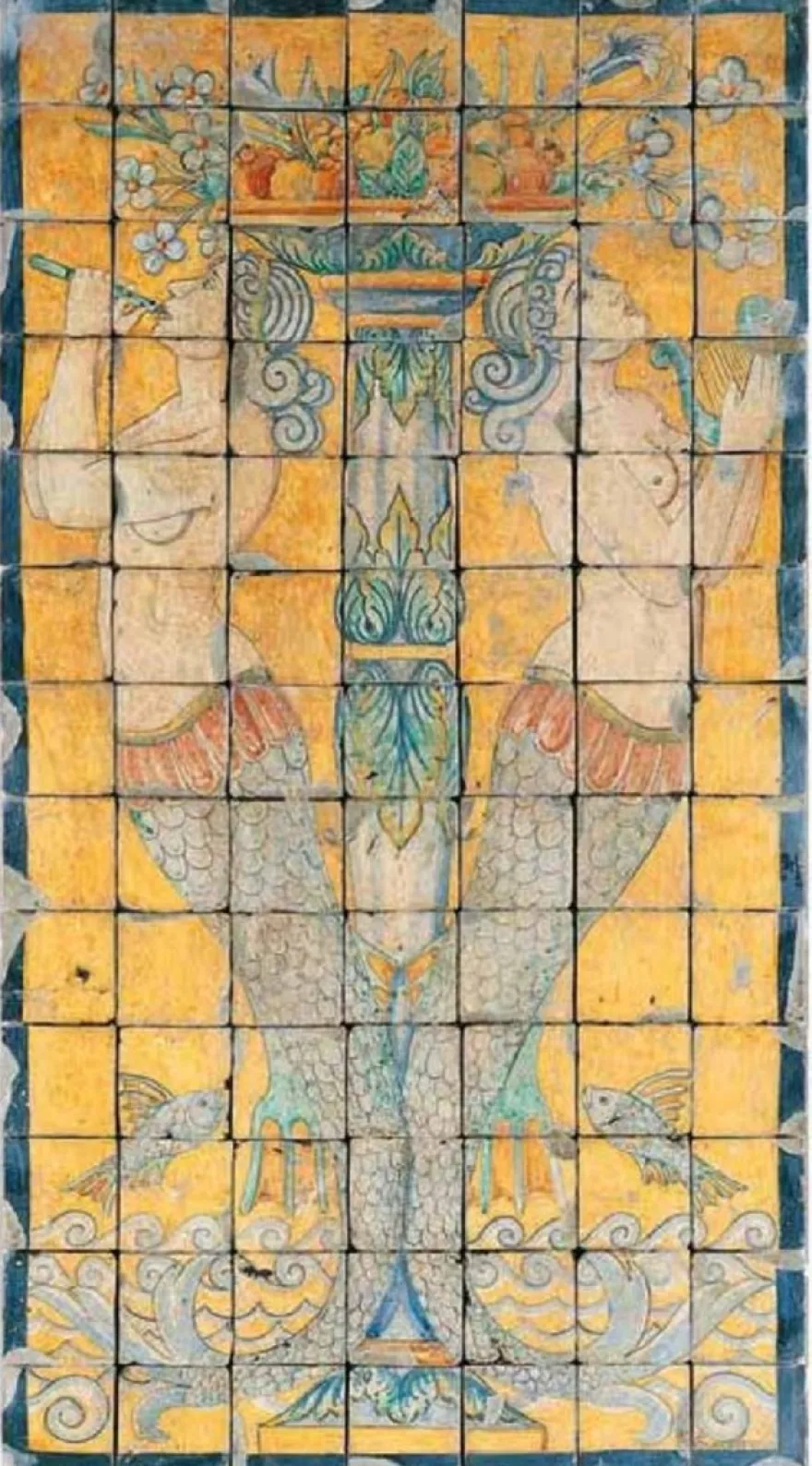 Casa Padrino Luxus Barock Deko Wandgemälde Meerjungfrauen Mehrfarbig 70 x H. 130 cm - Handgefertigte & Handbemalte Naturstein Mosaik Fliesen - Barock Wanddeko - Edel & Prunkvoll