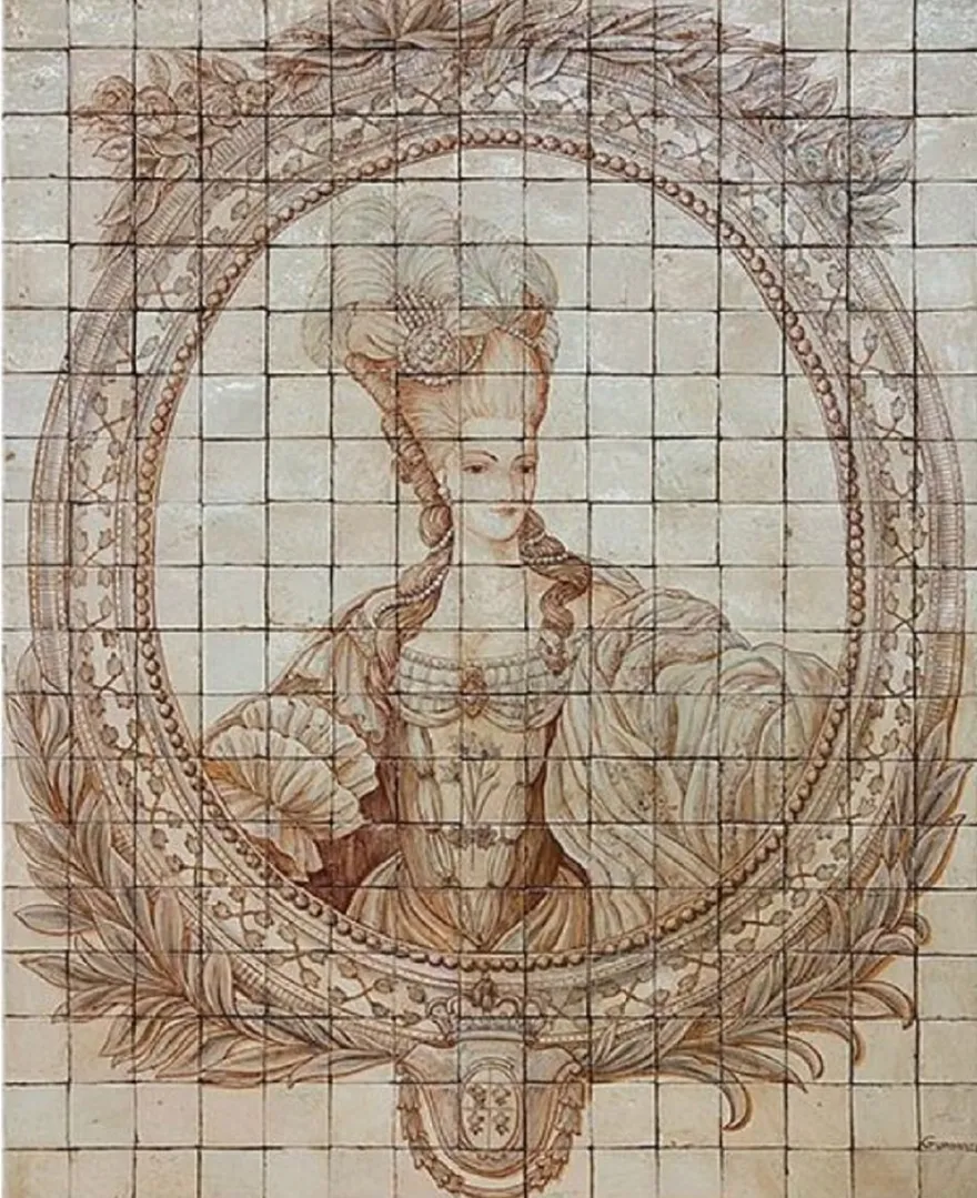 Casa Padrino Luxus Barock Deko Wandgemälde Lady Cremefarben / Beige 150 x H. 190 cm - Handgefertigte & Handbemalte Naturstein Mosaik Fliesen - Barock Wanddeko