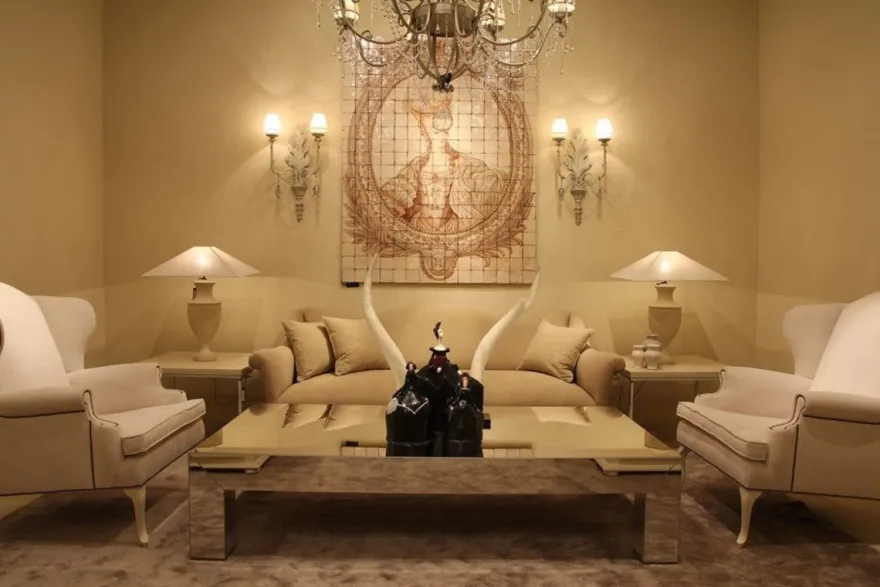 Casa Padrino Luxus Barock Deko Wandgemälde Lady Cremefarben / Beige 150 x H. 190 cm - Handgefertigte & Handbemalte Naturstein Mosaik Fliesen - Barock Wanddeko
