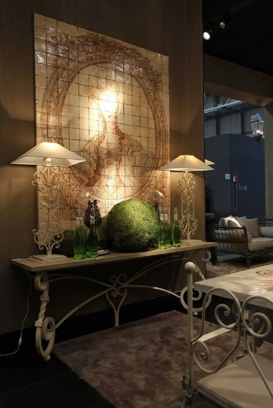 Casa Padrino Luxus Barock Deko Wandgemälde Lady Cremefarben / Beige 150 x H. 190 cm - Handgefertigte & Handbemalte Naturstein Mosaik Fliesen - Barock Wanddeko