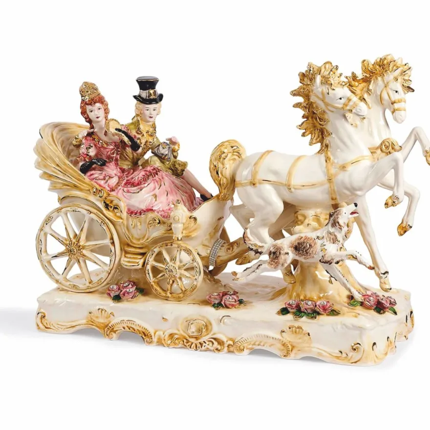 Casa Padrino Luxus Barock Deko Keramik Kutsche Beige / Bunt / Gold 90 cm - Made in Italy