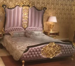 Casa Padrino Luxus Barock Doppelbett Rosa / Dunkelbraun / Gold - Edles Massivholz Bett mit Kopfteil - Prunkvolle Schlafzimmer Möbel im Barockstil