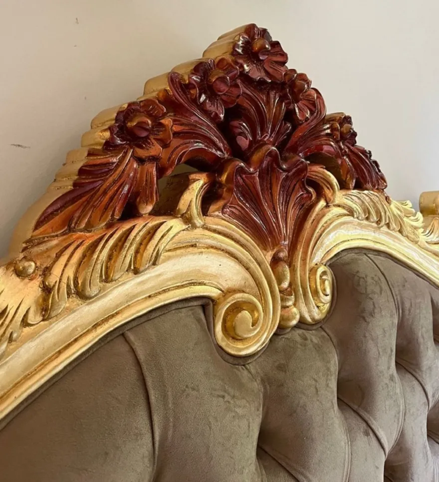 Casa Padrino Luxus Barock Doppelbett mit Matratze Grau / Gold / Braun - Prunkvolles Massivholz Bett - Luxus Schlafzimmer Möbel im Barockstil - Barock Möbel - Edel & Prunkvoll