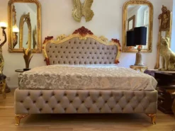 Casa Padrino Luxus Barock Doppelbett mit Matratze Grau / Gold / Braun - Prunkvolles Massivholz Bett - Luxus Schlafzimmer Möbel im Barockstil - Barock Möbel - Edel & Prunkvoll
