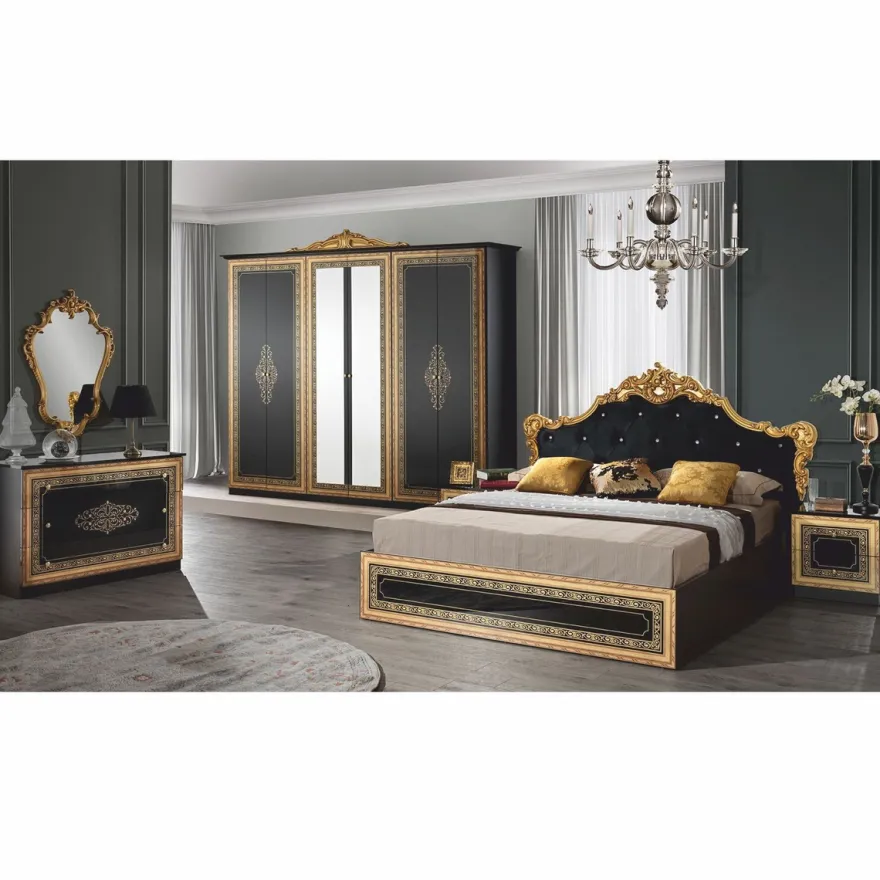 Casa Padrino Luxus Barock Doppelbett mit Glitzersteinen Schwarz / Gold - Barockstil Schlafzimmer Möbel